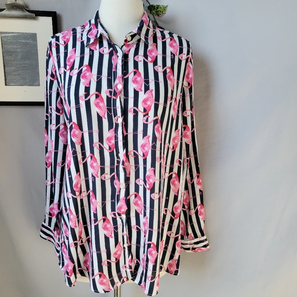 Milano Italy Tops - Milano Italy Flamingo Novelty Print Stripe Button Up Shirt 42‎ or L